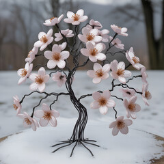 Artistic Wire Tree Sculpture with Delicate Flowers on Snow Background.