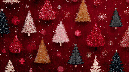 Red Christmas background with snowflakes and christmas trees,seamless pattern of christmas trees and snowflakes on red background,Christmas wrapping paper, Xmas pattern with ornaments.