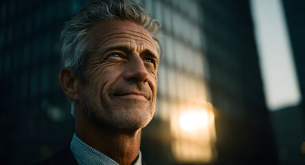 Fototapeta premium Grey haired man smiles looking up. Confident businessman wears dark suit outdoors in sunny city. Mature pro stands against modern office building. Happy adult male enjoys urban life. Looks