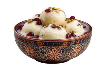 Delicious rasgulla in ornate bowl isolated on transparent background
