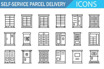 Self Service Parcel Delivery Locker Icon Set in Thin Line Style
