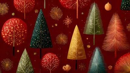 Red Christmas background with snowflakes and christmas trees,seamless pattern of christmas trees and snowflakes on red background,Christmas wrapping paper, Xmas pattern with ornaments.