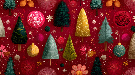 Red Christmas background with snowflakes and christmas trees,seamless pattern of christmas trees and snowflakes on red background,Christmas wrapping paper, Xmas pattern with ornaments.