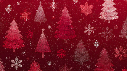 Red Christmas background with snowflakes and christmas trees,seamless pattern of christmas trees and snowflakes on red background,Christmas wrapping paper, Xmas pattern with ornaments.