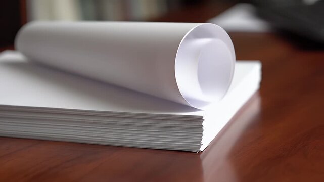 Stack of Paper Sheets on Wooden Desk - A stack of white paper sheets neatly arranged on a polished wooden desk, with one sheet partially rolled into a cylindrical shape.