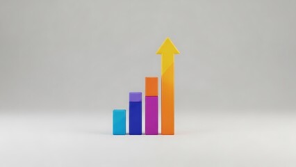 A professional 3D business financial graph with a rising arrow illustrates market growth, data progress, and investment success through an upward bar chart showing profit increase
