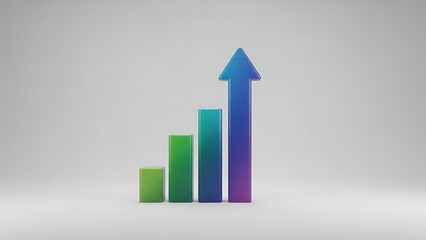 3D vector illustration of a business growth chart with an upward arrow showing financial progress and market success through a bar graph report on a white background