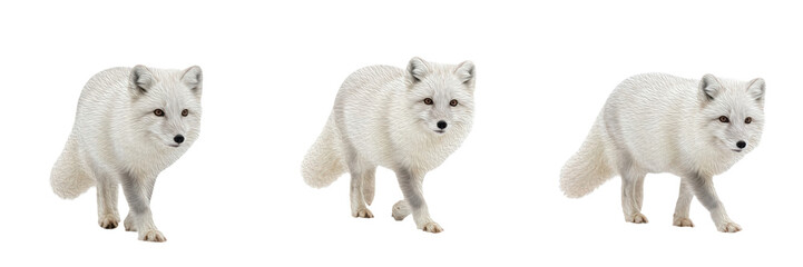 Set of Arctic Foxes with White and Grey Fur Walking in Various Three-Quarter Perspectives Isolated on White Background Oil Paint PNG © Janwar