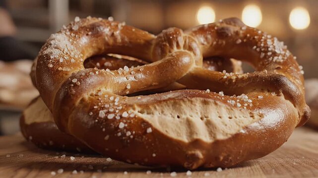 Close-Up of a Freshly Baked Pretzel - A close-up video of a freshly baked pretzel showcasing its golden-brown crust sprinkled with coarse sea salt.