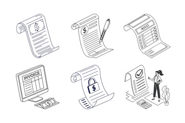 Financial Documents Array: Illustrated financial documents, including invoices and receipts, provide a glimpse into financial transactions, all meticulously illustrated in grayscale.