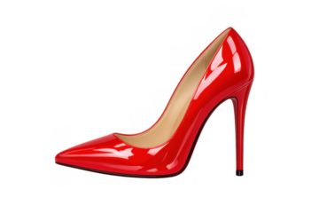Red patent leather high heel shoe displaying elegance, fashion, and luxury on a transparent background