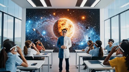 Teacher Explains Space to Students in Futuristic Virtual Reality Classroom - Powered by Adobe