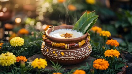 Traditional clay pot with milk and turmeric surrounded by marigold flowers for religious ritual