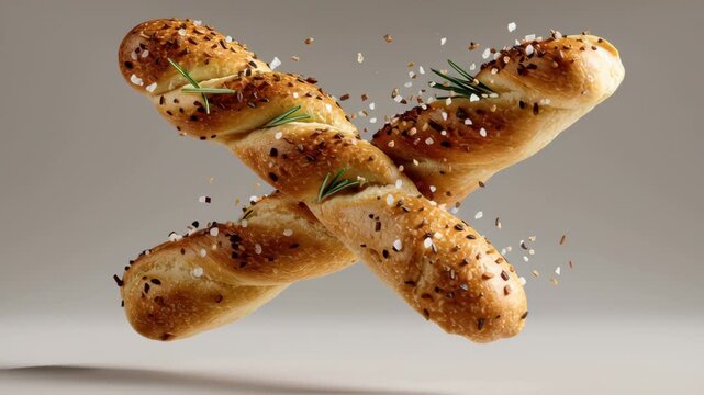 Twisted bread sticks in mid-air with flying seasoning and herbs showcasing dynamic movement and visual appeal, capturing the essence of culinary creativity and deliciousness in a vibrant display