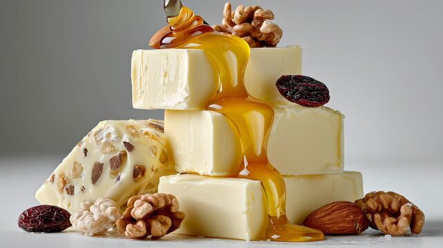 Delicious honey drizzling over stacked butter blocks surrounded by assorted nuts and dried fruits showcasing a rich, appetizing arrangement of gourmet ingredients for culinary inspiration