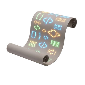 Scroll with glowing code symbols