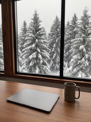 A modern home office interior features a wooden desk with a laptop and a coffee mug. Snow-covered trees are visible through large windows, creating a serene winter atmosphere.