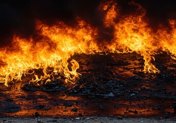 Dangerous uncontrolled blaze consuming thick spilled crude oil, emphasizing extreme heat, volatility, and inherent danger of fossil fuel combustion ,accident ,diesel ,industrial