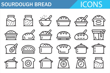 Homemade sourdough bakery black outline vector icon collection