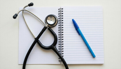 Preparing for a patient's appointment - a stethoscope and writing utensils: a pen and a notebook in which the doctor makes notes about the patient's condition.