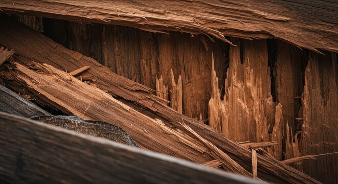 Close-up view of severely damaged and splintered lumber, showing the structural failure and rough texture of the broken wooden pieces, broken, fractured, renovation