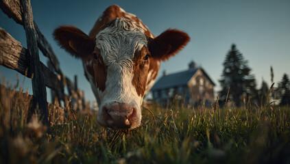 Bovine in open grassland, highlighting traditional farming practices and rural scenery