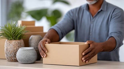 African male preparing cardboard box for packing in home interior