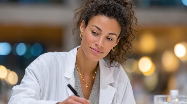 Young african female scientist writing in laboratory setting - Powered by Adobe