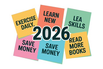 A colorful poster with New Year's resolutions for 2026 on sticky notes