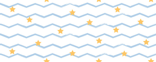 Fun and modern kids background with zigzag print. Hand drawn backdrop with stars. Cute sea design for nursery. Vector illustration.