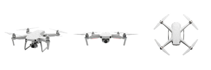 Set of White Drones from Three-Quarter, Front-Facing, and Top-Down Aerial Perspectives Isolated on White Background Oil Paint PNG