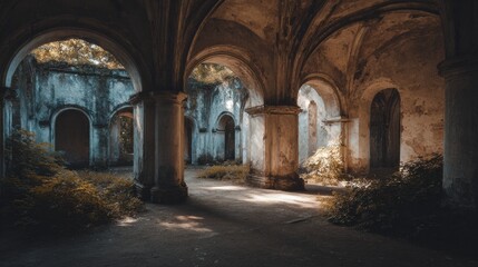 Fototapeta premium Exploration of an Ancient Forgotten City With Crumbling Walls and Natural Light Shining Through the Arches