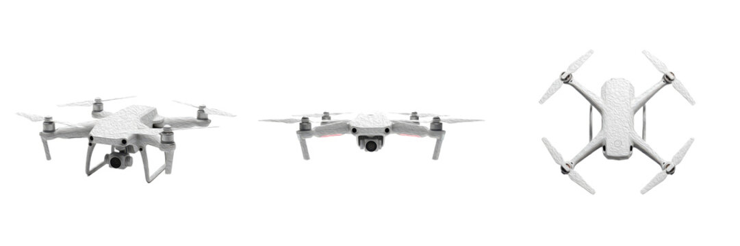 Set of White Drones from Three-Quarter, Front-Facing, and Top-Down Aerial Perspectives Isolated on White Background Oil Paint PNG