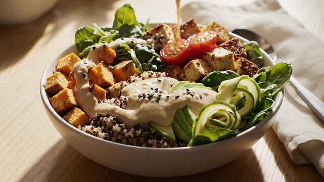 Healthy Grain Bowl with Dressing - Close-up shot of a quinoa grain bowl with spinach, avocado, sweet potato, cherry tomatoes, and tofu.