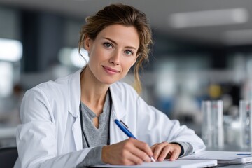 Caucasian female scientist writing notes in a laboratory setting