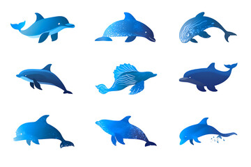Fototapeta premium A collection of nine different blue dolphin silhouettes on transparent background