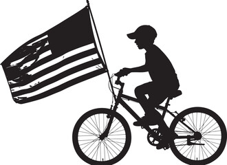 Black Silhouette of a Young Boy Riding a Bicycle and Waving the American Flag