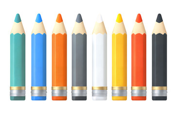 Naklejka premium A set of eight colorful pencils with silver bands on transparent background