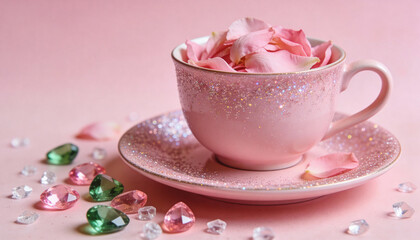 Pink glitter teacup filled with rose petals on matching saucer