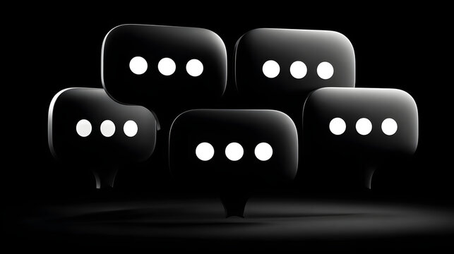 Five black speech bubbles with dots symbolizing digital communication and shared ideas - Powered by Adobe