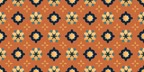 Seamless Islamic floral geometric pattern with golden accents in terracotta and navy blue colors for Ramadan celebration backdrop and textile design, vector illustration
