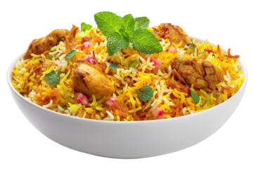 Vibrant chicken biryani dish isolated on transparent background
