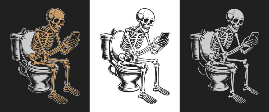 Skeleton sitting on toilet using phone or smartphone on dark and light backgrounds illustration vector set
