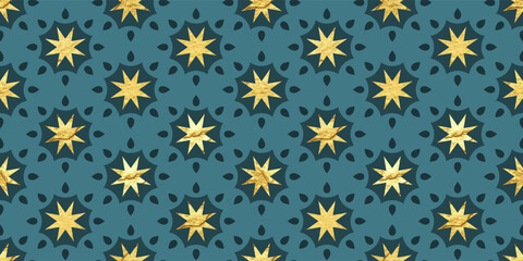 Seamless oriental star pattern with golden foil texture and dark teal motifs for luxury Ramadan gift wrap and backdrop, vector illustration
