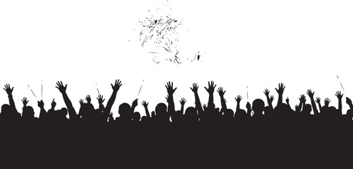 Silhouette of a Cheering Crowd with Hands Raised During a Concert Fireworks Display