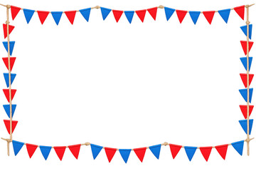 Obraz premium Festive flag banner frame border with red and blue triangular bunting, celebrating party and event holidays on transparent background