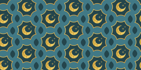 Seamless Islamic pattern in minimal style with gold foil crescent and stars motifs on turquoise background for Ramadan holiday background or textile, vector illustration