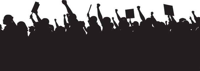 Silhouette of a Group of People Protesting with Raised Fists and Signs for Social Justice