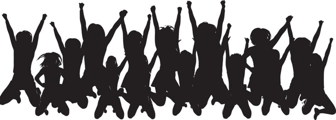 Silhouette of a Large Group of Happy People Jumping in the Air in Celebration