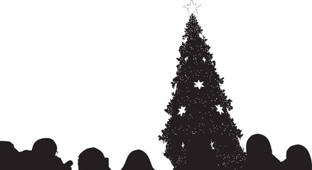 Festive Silhouette of a Tall Christmas Tree with a Star Topper and Gathering People